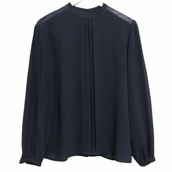 VINTAGE Christian Dior Blue/Gray Long Sleeve Blouse/Pleated Front Button… - Picture 1 of 6